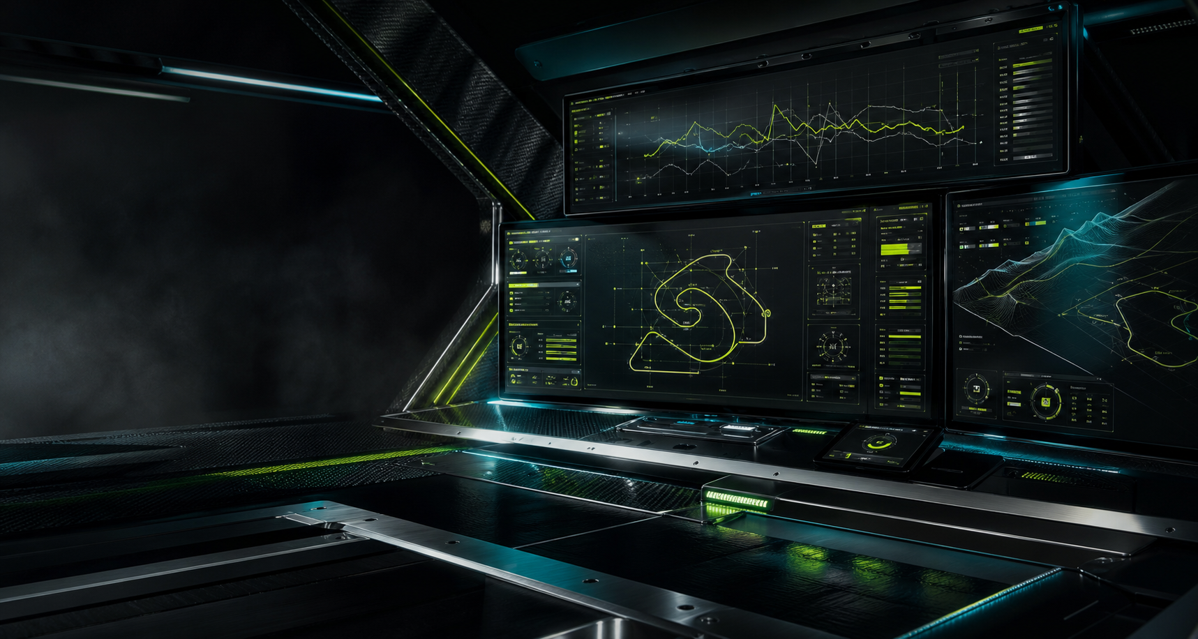 Motorsport-inspired control bay with layered product dashboards